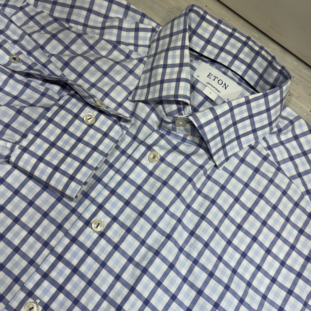 Eton‎ Contemporary Button Down Shirt Mens 16 41 Reg Fit Blue Check Long sleeve